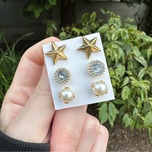 3 Gold Stud Earrings Bundle Star, faux Pearl Plastic